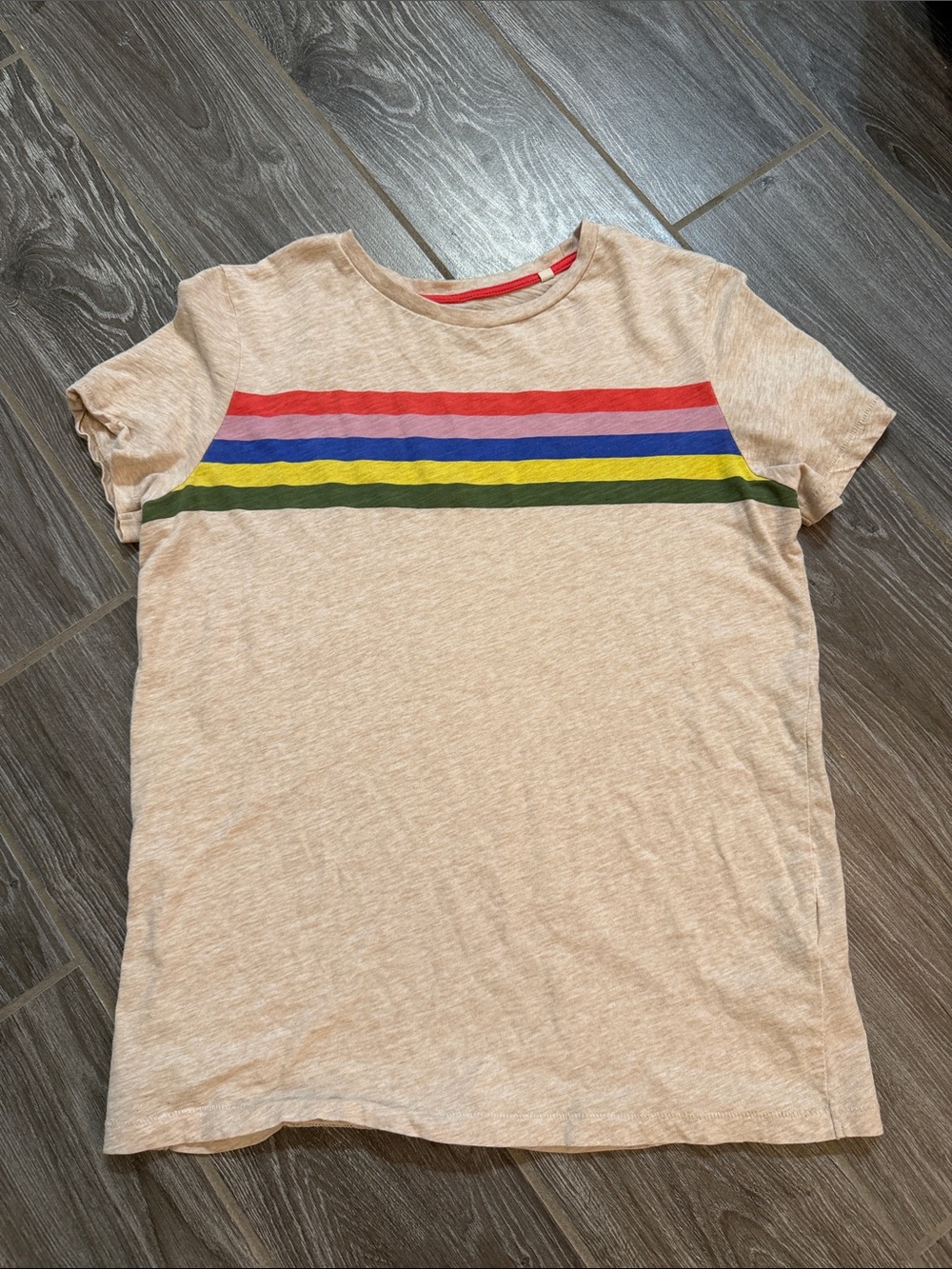 Boys Mini Boden size 13 14 heathered beige Tee with multicolored Stripes EUC